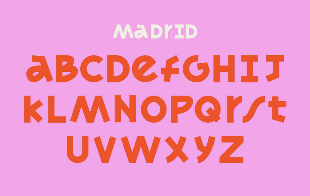 madrid font con lettere arancioni e fondo rosa